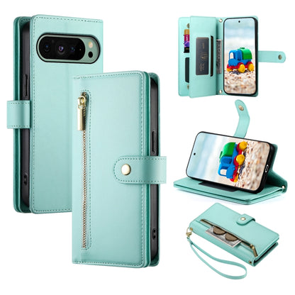 For Google Pixel 9 / 9 Pro Nine Card-slot Zipper Wallet Bag Leather Phone Case(Mint Green) - Google Cases by PMC Jewellery | Online Shopping South Africa | PMC Jewellery | Buy Now Pay Later Mobicred