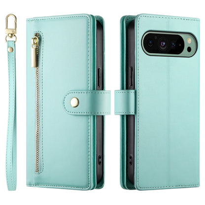 For Google Pixel 9 / 9 Pro Nine Card-slot Zipper Wallet Bag Leather Phone Case(Mint Green) - Google Cases by PMC Jewellery | Online Shopping South Africa | PMC Jewellery | Buy Now Pay Later Mobicred