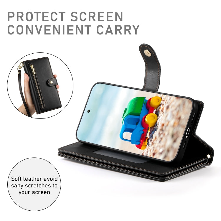 For Google Pixel 9 / 9 Pro Nine Card-slot Zipper Wallet Bag Leather Phone Case(Black) - Google Cases by PMC TechLife | Online Shopping South Africa | PMC TechLife | Buy Now Pay Later Mobicred