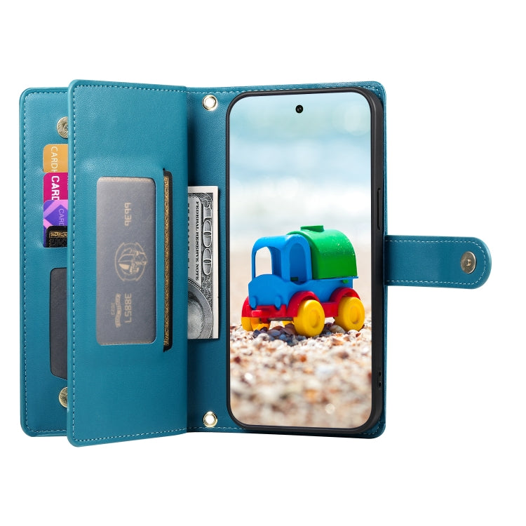For Google Pixel 9 / 9 Pro Nine Card-slot Zipper Wallet Bag Leather Phone Case(Blue) - Google Cases by PMC TechLife | Online Shopping South Africa | PMC TechLife | Buy Now Pay Later Mobicred