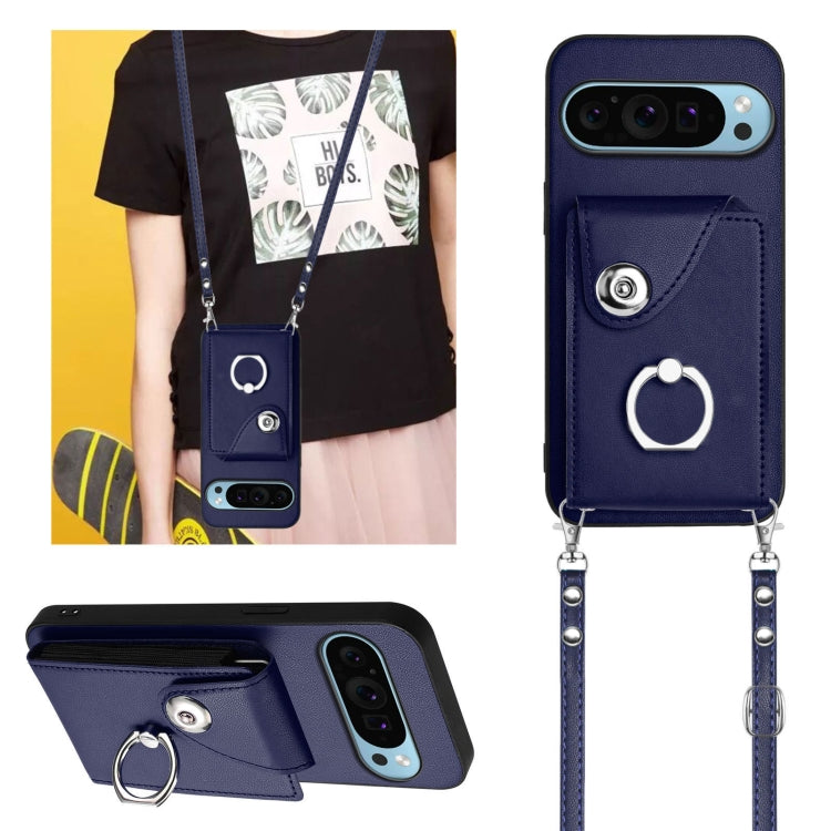 For Google Pixel 9 / 9 Pro Organ Card Bag Ring Holder Phone Case with Long Lanyard(Blue) - Google Cases by PMC Jewellery | Online Shopping South Africa | PMC Jewellery | Buy Now Pay Later Mobicred