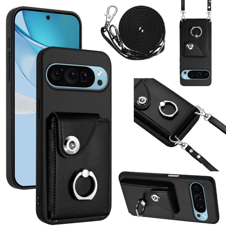 For Google Pixel 9 Pro XL Organ Card Bag Ring Holder Phone Case with Long Lanyard(Black) - Google Cases by PMC TechLife | Online Shopping South Africa | PMC TechLife | Buy Now Pay Later Mobicred