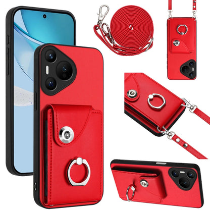 For Huawei Pura 70 Organ Card Bag Ring Holder Phone Case with Long Lanyard(Red) - Huawei Cases by PMC Jewellery | Online Shopping South Africa | PMC Jewellery | Buy Now Pay Later Mobicred