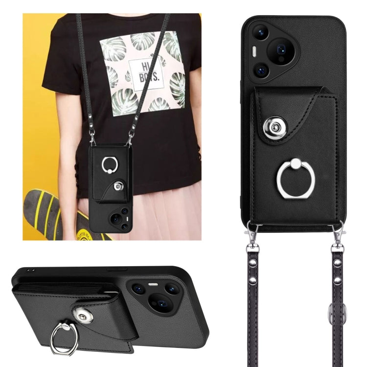 For Huawei Pura 70 Pro / 70 Pro+ Organ Card Bag Ring Holder Phone Case with Long Lanyard(Black) - Huawei Cases by PMC Jewellery | Online Shopping South Africa | PMC Jewellery | Buy Now Pay Later Mobicred