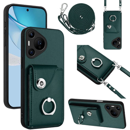 For Huawei Pura 70 Pro / 70 Pro+ Organ Card Bag Ring Holder Phone Case with Long Lanyard(Green) - Huawei Cases by PMC Jewellery | Online Shopping South Africa | PMC Jewellery | Buy Now Pay Later Mobicred