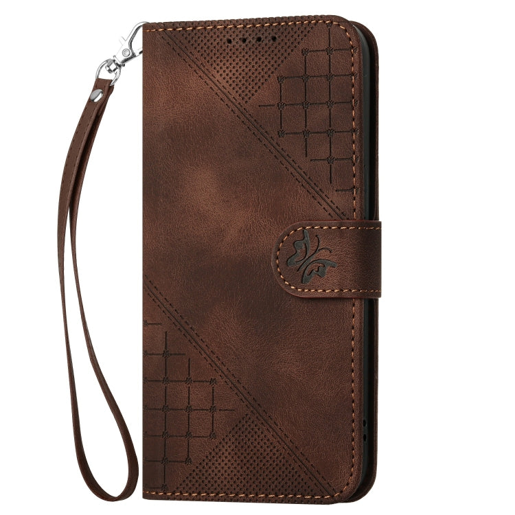 For iPhone 16 YX0080 Grid Butterfly Embossed Pattern Flip Leather Phone Case with Lanyard(Coffee) - iPhone 16 Cases by PMC TechLife | Online Shopping South Africa | PMC TechLife | Buy Now Pay Later Mobicred