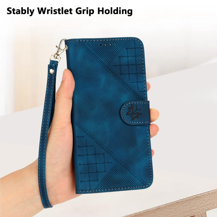 For iPhone 16e YX0080 Grid Butterfly Embossed Pattern Flip Leather Phone Case with Lanyard(Dark Blue) - iPhone 16e Cases by PMC TechLife | Online Shopping South Africa | PMC TechLife | Buy Now Pay Later Mobicred