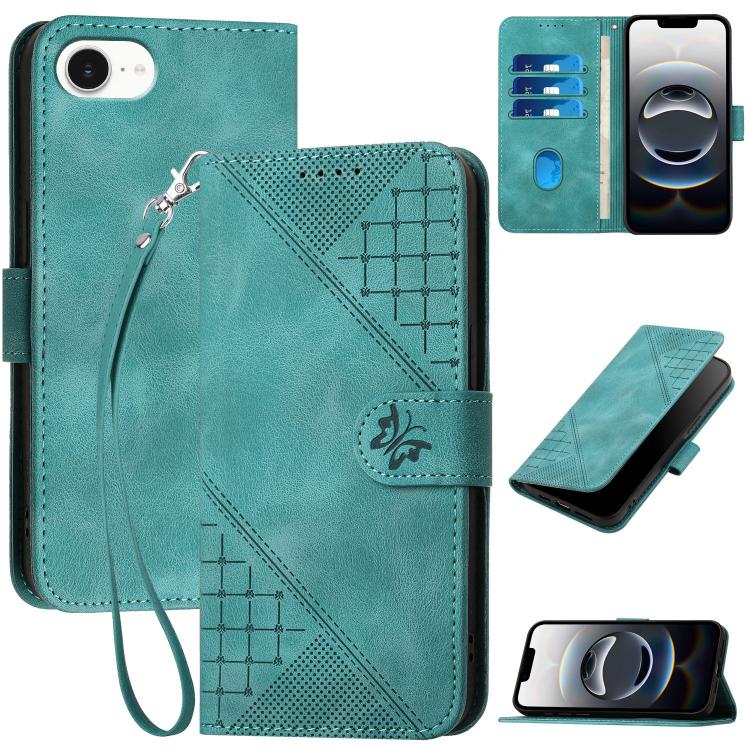 For iPhone 16e YX0080 Grid Butterfly Embossed Pattern Flip Leather Phone Case with Lanyard(Light Blue) - iPhone 16e Cases by PMC TechLife | Online Shopping South Africa | PMC TechLife | Buy Now Pay Later Mobicred