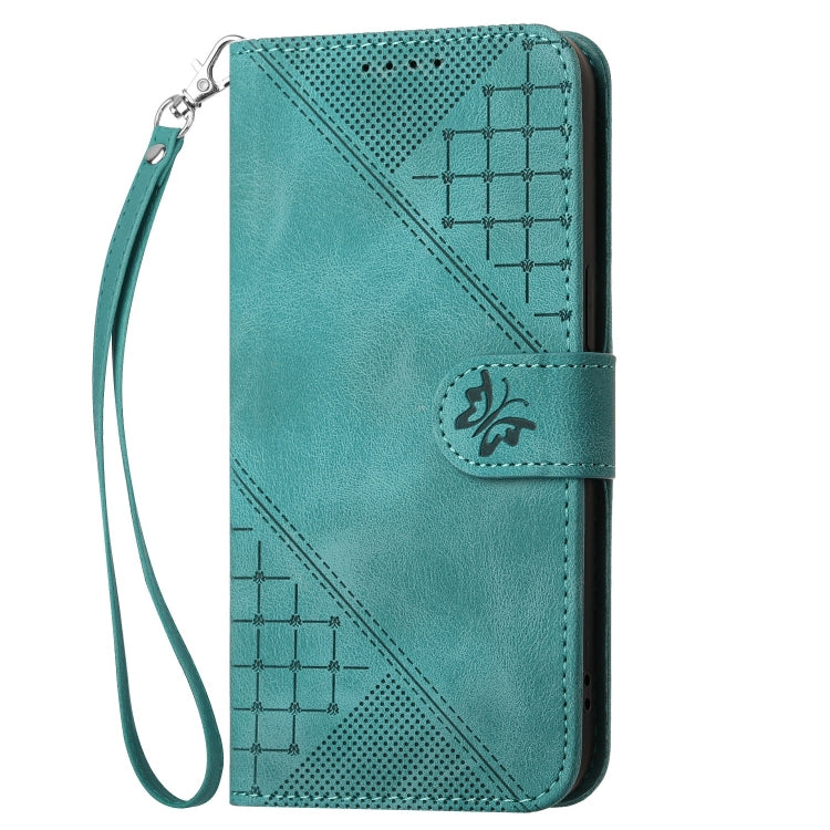 For iPhone 16e YX0080 Grid Butterfly Embossed Pattern Flip Leather Phone Case with Lanyard(Light Blue) - iPhone 16e Cases by PMC TechLife | Online Shopping South Africa | PMC TechLife | Buy Now Pay Later Mobicred