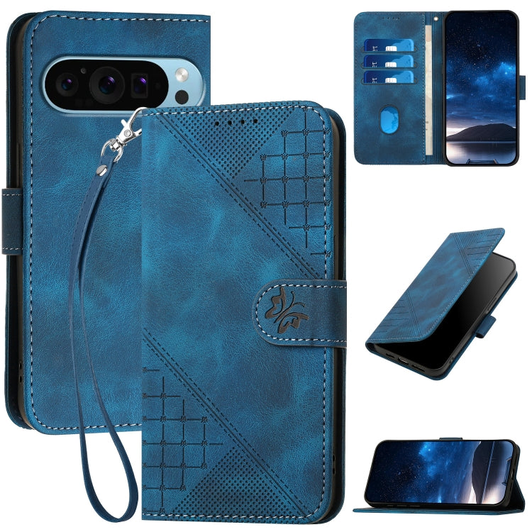 For Google Pixel 9 Pro XL YX0080 Grid Butterfly Embossed Pattern Flip Leather Phone Case with Lanyard(Dark Blue) - Google Cases by PMC TechLife | Online Shopping South Africa | PMC TechLife | Buy Now Pay Later Mobicred