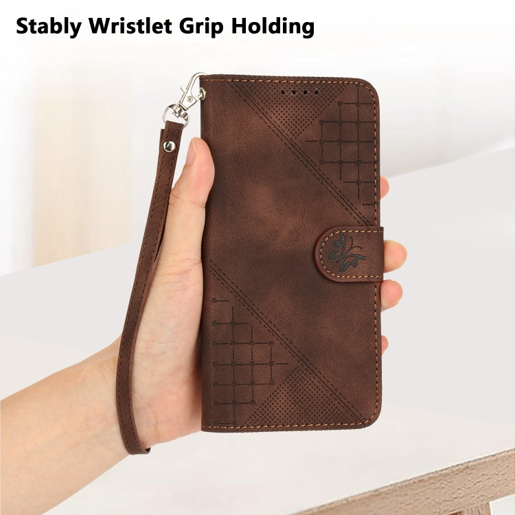 For Motorola Edge 2024 5G Global YX0080 Grid Butterfly Embossed Pattern Flip Leather Phone Case with Lanyard(Coffee) - Motorola Cases by PMC Jewellery | Online Shopping South Africa | PMC Jewellery | Buy Now Pay Later Mobicred