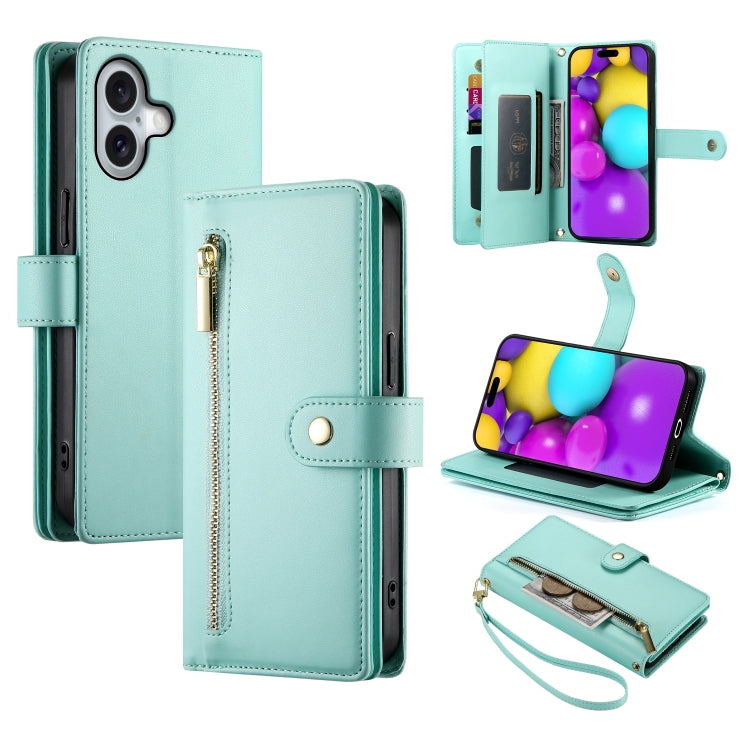 For iPhone 16 Nine Card-slot Zipper Wallet Bag Leather Phone Case(Mint Green) - iPhone 16 Cases by PMC Jewellery | Online Shopping South Africa | PMC Jewellery | Buy Now Pay Later Mobicred