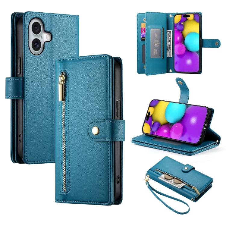 For iPhone 16 Plus Nine Card-slot Zipper Wallet Bag Leather Phone Case(Blue) - iPhone 16 Plus Cases by PMC TechLife | Online Shopping South Africa | PMC TechLife | Buy Now Pay Later Mobicred