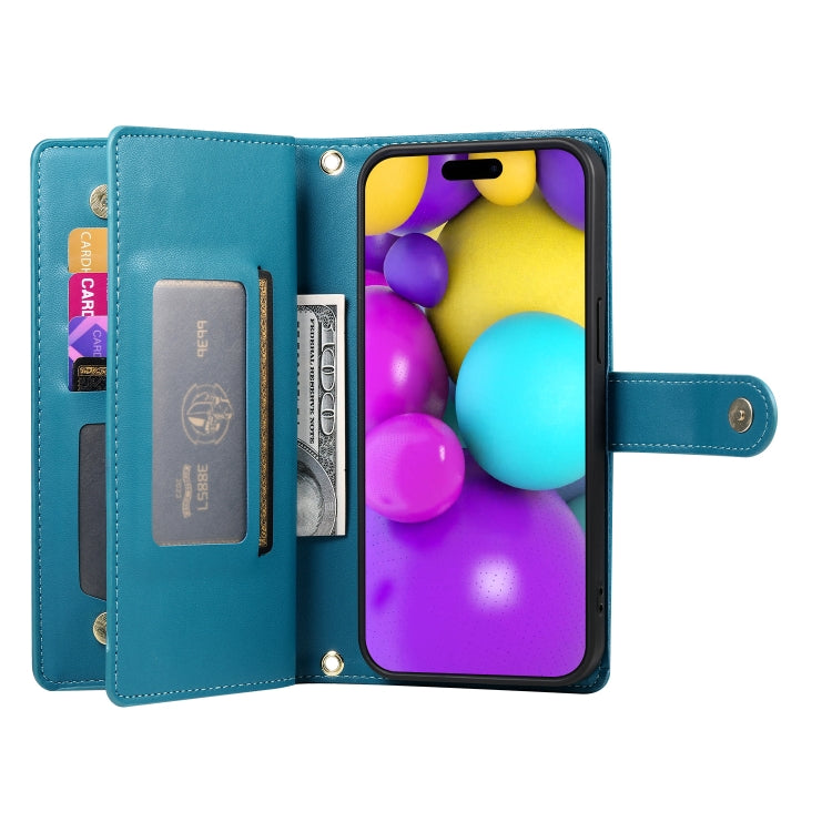 For iPhone 16 Plus Nine Card-slot Zipper Wallet Bag Leather Phone Case(Blue) - iPhone 16 Plus Cases by PMC TechLife | Online Shopping South Africa | PMC TechLife | Buy Now Pay Later Mobicred