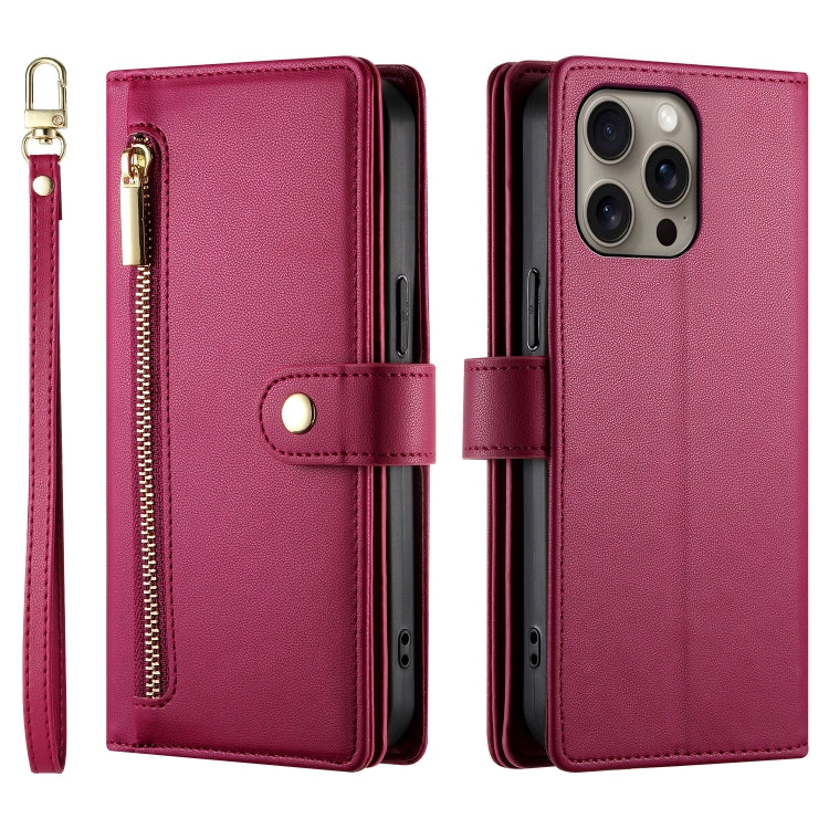 For iPhone 16 Pro Max Nine Card-slot Zipper Wallet Bag Leather Phone Case(Red) - iPhone 16 Pro Max Cases by PMC TechLife | Online Shopping South Africa | PMC TechLife | Buy Now Pay Later Mobicred
