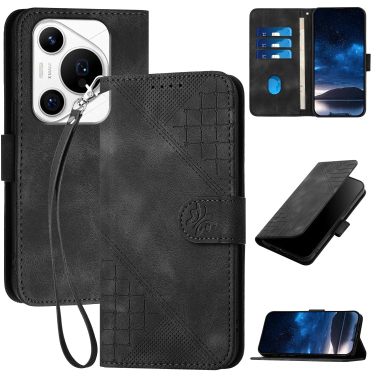 For Huawei Pura 70 Pro / 70 Pro+ YX0080 Grid Butterfly Embossed Pattern Flip Leather Phone Case with Lanyard(Black) - Huawei Cases by PMC Jewellery | Online Shopping South Africa | PMC Jewellery | Buy Now Pay Later Mobicred