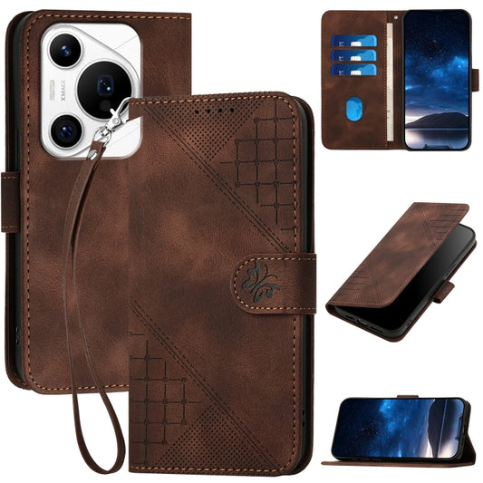 For Huawei Pura 70 Pro / 70 Pro+ YX0080 Grid Butterfly Embossed Pattern Flip Leather Phone Case with Lanyard(Coffee) - Huawei Cases by PMC Jewellery | Online Shopping South Africa | PMC Jewellery | Buy Now Pay Later Mobicred