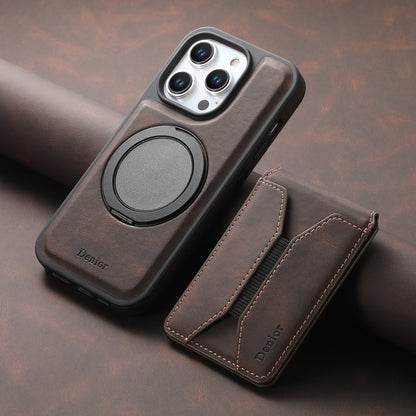 For iPhone 16 Pro Denior D18 Skin Feel Rotating Holder MagSafe Detachable Card Slot Phone Case(Brown) - iPhone 16 Pro Cases by Denior | Online Shopping South Africa | PMC Jewellery | Buy Now Pay Later Mobicred