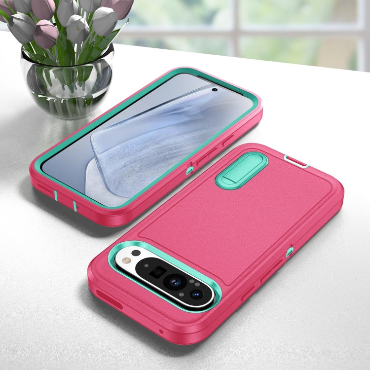 For Google Pixel 9 Pro Rugged PC + Silicone Phone Case with Holder(Rose Red+Light Green) - Google Cases by PMC Jewellery | Online Shopping South Africa | PMC Jewellery | Buy Now Pay Later Mobicred