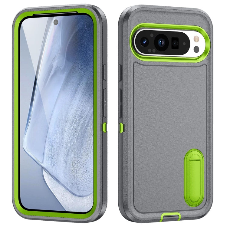 For Google Pixel 9 Pro Rugged PC + Silicone Phone Case with Holder(Grey+Fresh Green) - Google Cases by PMC Jewellery | Online Shopping South Africa | PMC Jewellery | Buy Now Pay Later Mobicred