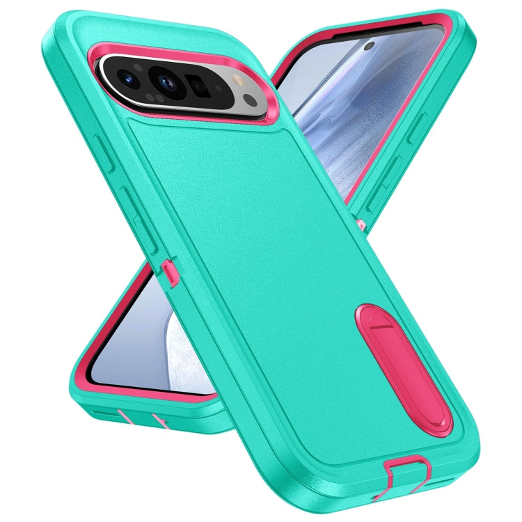For Google Pixel 9 Pro Rugged PC + Silicone Phone Case with Holder(Light Green+Rose Red) - Google Cases by PMC TechLife | Online Shopping South Africa | PMC TechLife | Buy Now Pay Later Mobicred