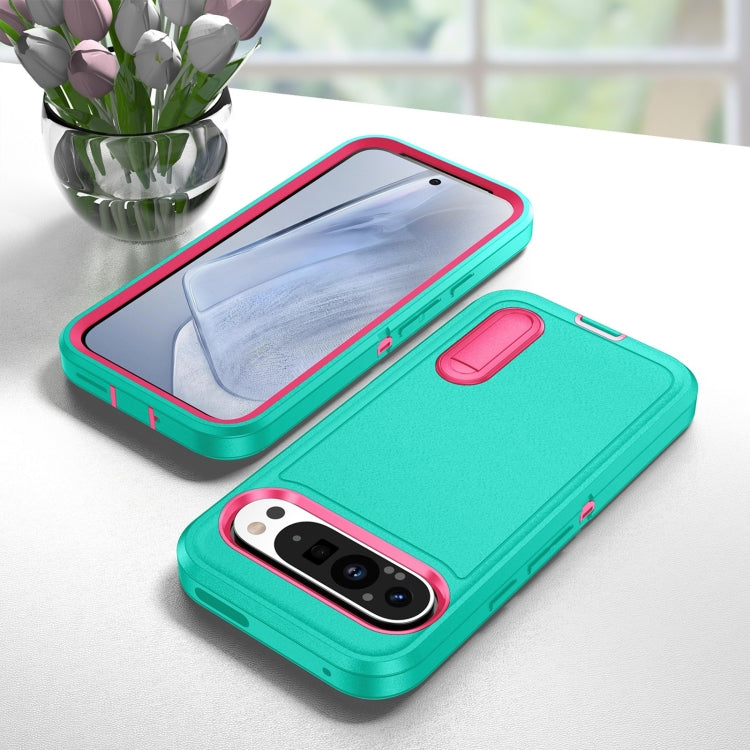 For Google Pixel 9 Pro Rugged PC + Silicone Phone Case with Holder(Light Green+Rose Red) - Google Cases by PMC TechLife | Online Shopping South Africa | PMC TechLife | Buy Now Pay Later Mobicred