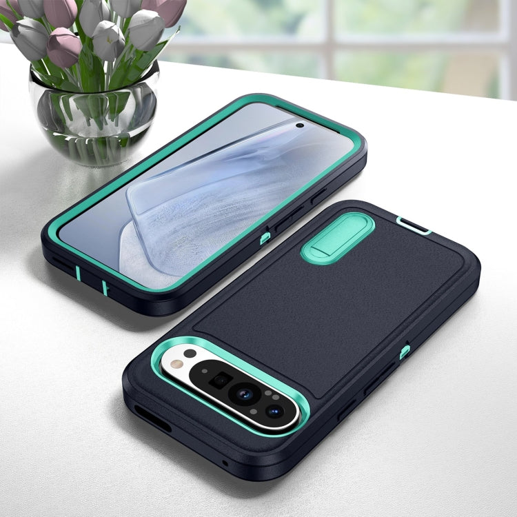 For Google Pixel 9 Rugged PC + Silicone Phone Case with Holder(Dark Blue+Light Green) - Google Cases by PMC Jewellery | Online Shopping South Africa | PMC Jewellery | Buy Now Pay Later Mobicred