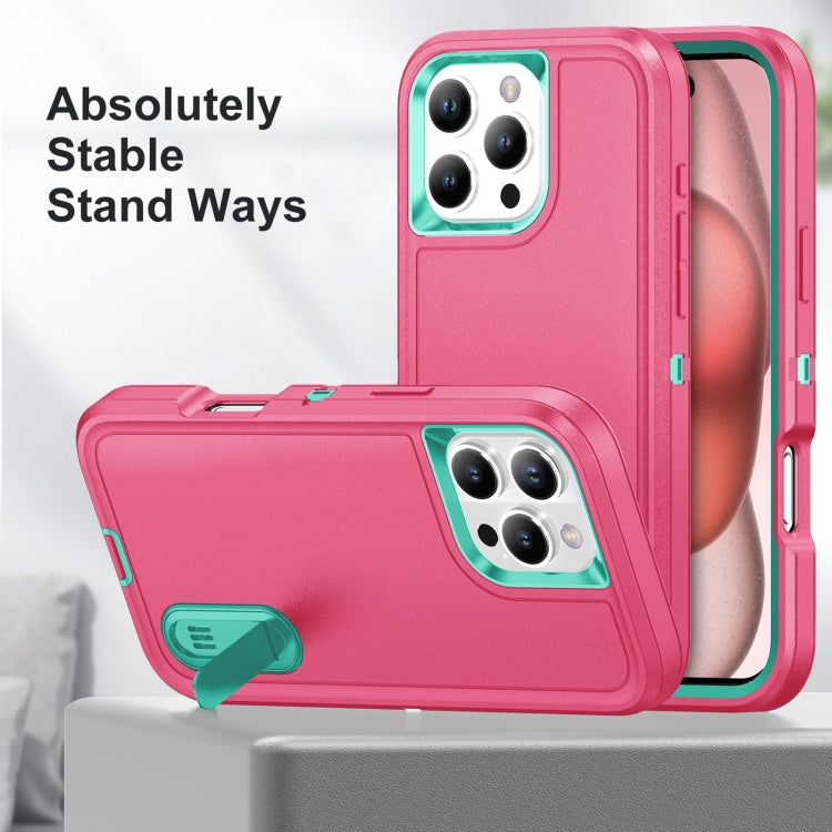 For iPhone 16 Pro Max Rugged PC + Silicone Phone Case with Holder(Rose Red+Light Green) - iPhone 16 Pro Max Cases by PMC TechLife | Online Shopping South Africa | PMC TechLife | Buy Now Pay Later Mobicred