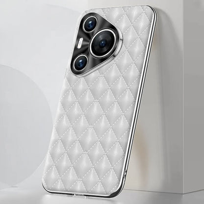 For Huawei Pura 70 Silver Edge Rhombic Texture PU Leather Phone Case(White) - Huawei Cases by PMC Jewellery | Online Shopping South Africa | PMC Jewellery | Buy Now Pay Later Mobicred