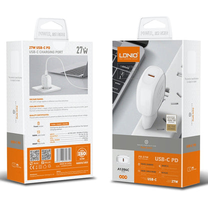 LDNIO A1206C PD27W USB-C / Type-C Fast Charger with 1m 8 Pin Cable, Plug Type:EU Plug(White) - USB Charger by LDNIO | Online Shopping South Africa | PMC Jewellery | Buy Now Pay Later Mobicred