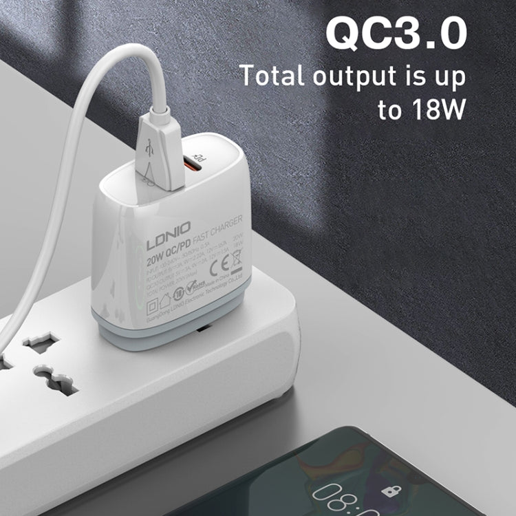 LDNIO Q229 QC3.0 / PD20W USB + Type-C Fast Charger with 1m USB to 8 Pin Cable, Plug Type:US Plug(White) - USB Charger by LDNIO | Online Shopping South Africa | PMC Jewellery | Buy Now Pay Later Mobicred