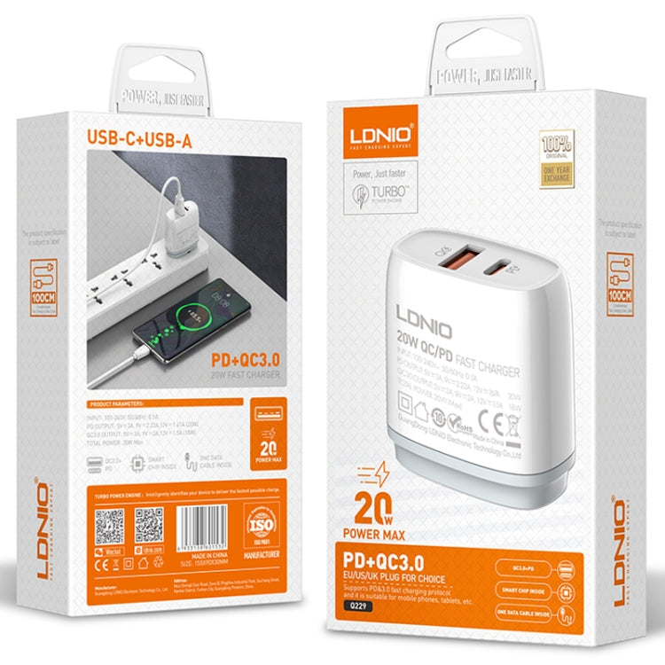 LDNIO Q229 QC3.0 / PD20W USB + Type-C Fast Charger with 1m USB to Micro USB Cable, Plug Type:UK Plug(White) - free shipping - PMC TechLife - Order now!