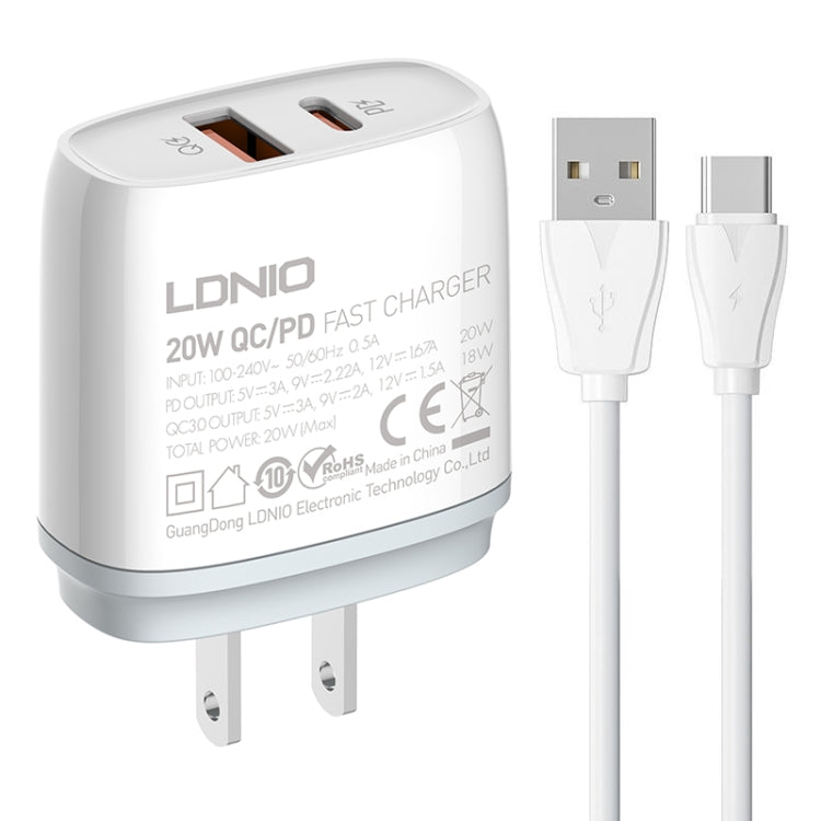 LDNIO Q229 QC3.0 / PD20W USB + Type-C Fast Charger with 1m USB to Type-C Cable, Plug Type:US Plug(White) - USB Charger by LDNIO | Online Shopping South Africa | PMC TechLife | Buy Now Pay Later Mobicred