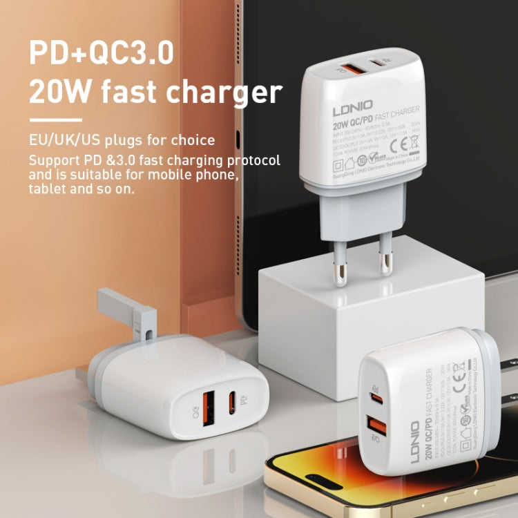 LDNIO Q229 QC3.0 / PD20W USB + Type-C Fast Charger with 1m USB to Type-C Cable, Plug Type:UK Plug(White) - USB Charger by LDNIO | Online Shopping South Africa | PMC TechLife | Buy Now Pay Later Mobicred