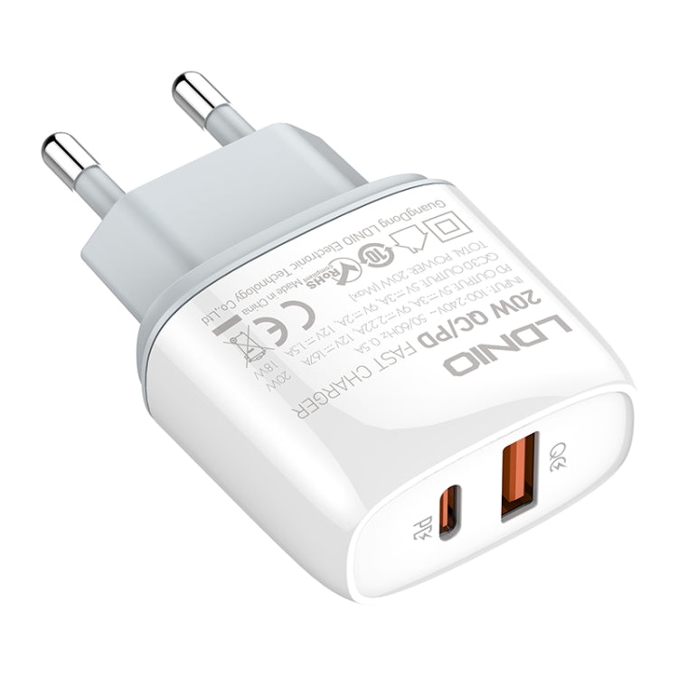LDNIO Q229 QC3.0 / PD20W USB + Type-C Fast Charger with 1m Type-C to 8 Pin Cable, Plug Type:EU Plug(White) - free shipping - PMC Jewellery - Order now!