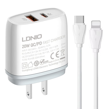 LDNIO Q229 QC3.0 / PD20W USB + Type-C Fast Charger with 1m Type-C to 8 Pin Cable, Plug Type:US Plug(White) - USB Charger by LDNIO | Online Shopping South Africa | PMC Jewellery | Buy Now Pay Later Mobicred