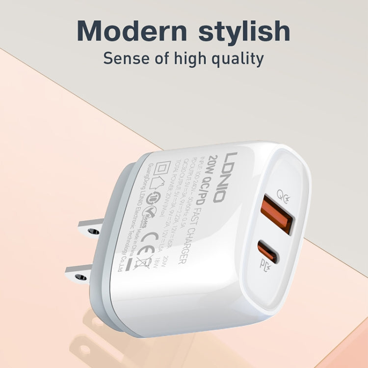 LDNIO Q229 QC3.0 / PD20W USB + Type-C Fast Charger with 1m Type-C to 8 Pin Cable, Plug Type:EU Plug(White) - free shipping - PMC Jewellery - Order now!