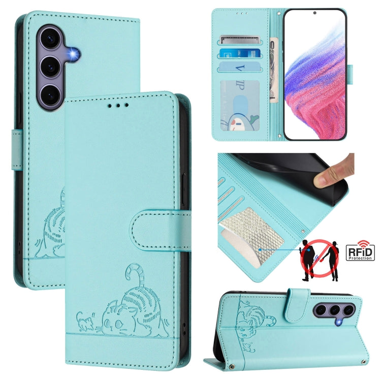 For Samsung Galaxy S25 5G Cat Rat Embossed RFID Leather Phone Case with Lanyard(Mint Green) - Galaxy S25 5G Cases by PMC Jewellery | Online Shopping South Africa | PMC Jewellery | Buy Now Pay Later Mobicred