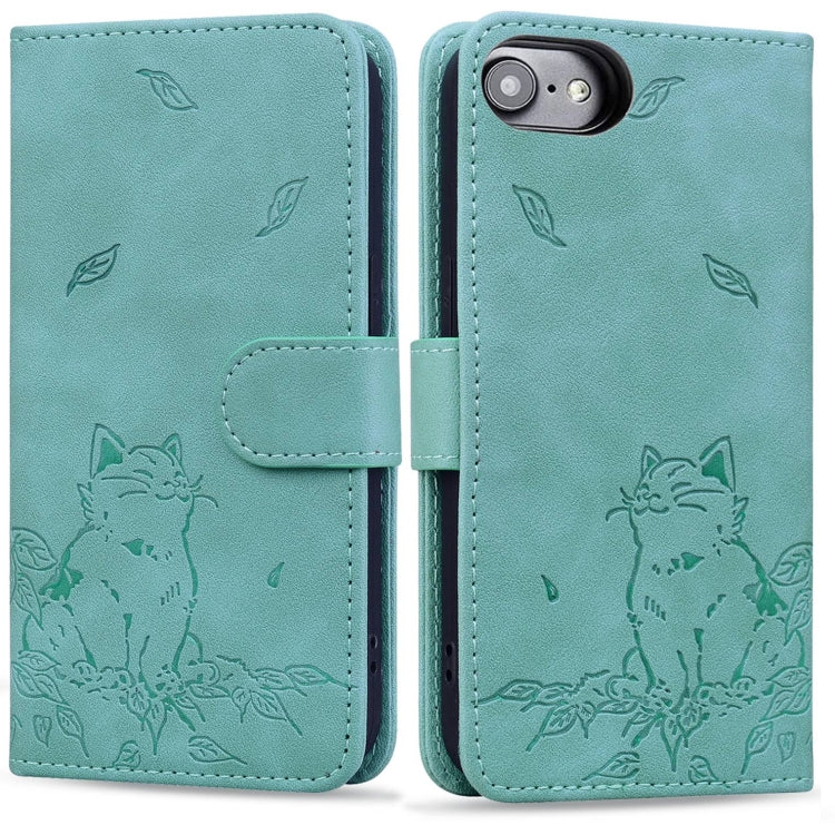 For iPhone 16e Cute Cat Embossed Leather Phone Case(Green) - iPhone 16e Cases by PMC TechLife | Online Shopping South Africa | PMC TechLife | Buy Now Pay Later Mobicred