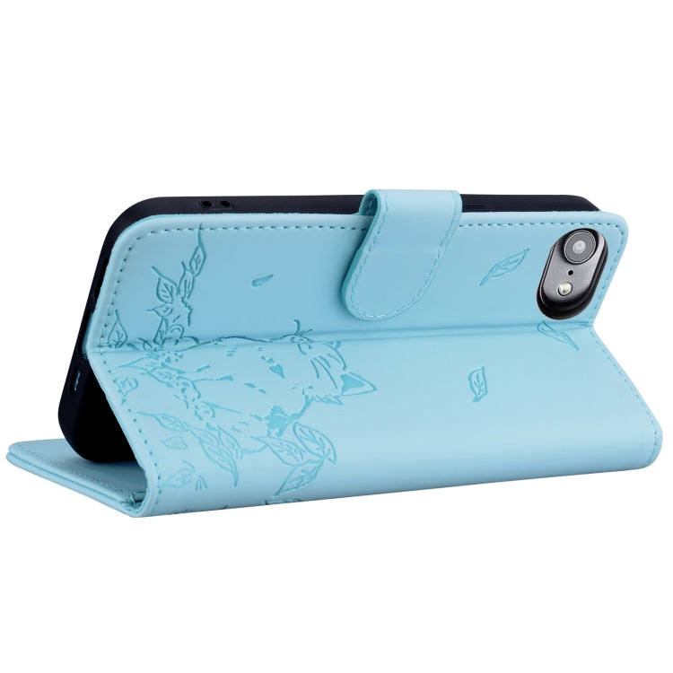 For iPhone 16e Cute Cat Embossed Leather Phone Case(Sky Blue) - iPhone 16e Cases by PMC TechLife | Online Shopping South Africa | PMC TechLife | Buy Now Pay Later Mobicred