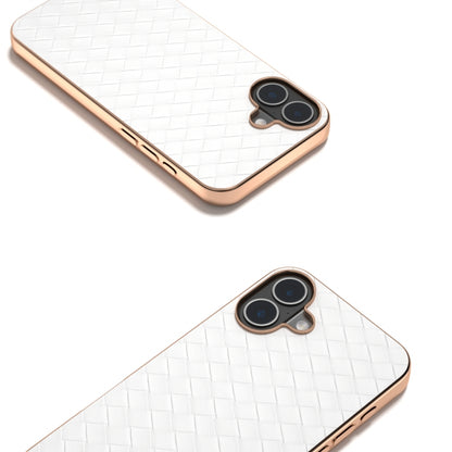 For iPhone 16 Electroplated Frame Woven Texture PU Phone Case(White) - iPhone 16 Cases by PMC Jewellery | Online Shopping South Africa | PMC Jewellery | Buy Now Pay Later Mobicred