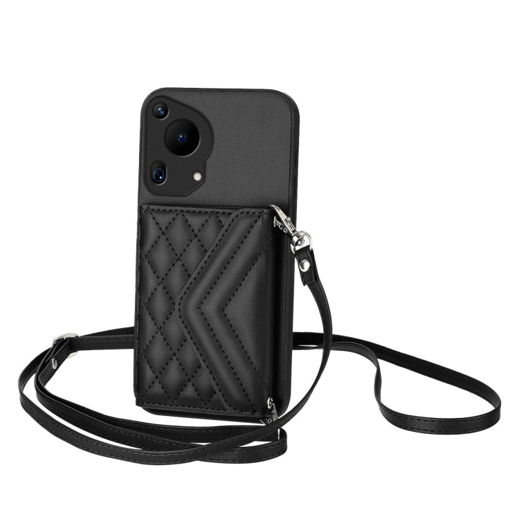 For Huawei Pura 70 Ultra Rhombic Texture Card Bag RFID Phone Case with Long Lanyard(Black) - Huawei Cases by PMC Jewellery | Online Shopping South Africa | PMC Jewellery | Buy Now Pay Later Mobicred