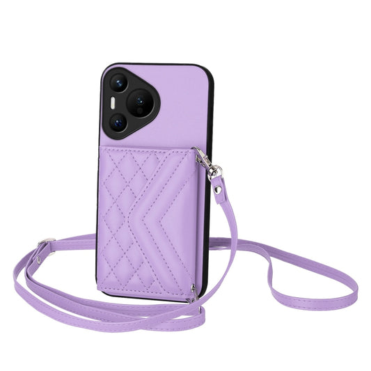 For Huawei Pura 70 Rhombic Texture Card Bag RFID Phone Case with Long Lanyard(Light Purple) - Huawei Cases by PMC Jewellery | Online Shopping South Africa | PMC Jewellery | Buy Now Pay Later Mobicred