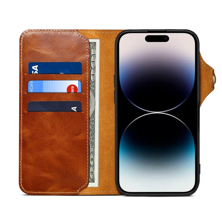 For iPhone 16 Pro Denior B01 Oil Wax Cowhide Magnetic Button Genuine Leather Case(Brown) - iPhone 16 Pro Cases by Denior | Online Shopping South Africa | PMC Jewellery | Buy Now Pay Later Mobicred