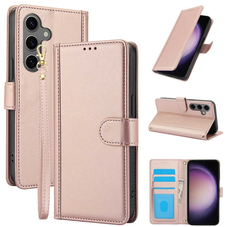 For Samsung Galaxy S25 5G Skin Feel Pure Color Card Slots Leather Phone Case with Dual Lanyard(Rose Gold) - Galaxy S25 5G Cases by PMC Jewellery | Online Shopping South Africa | PMC Jewellery | Buy Now Pay Later Mobicred