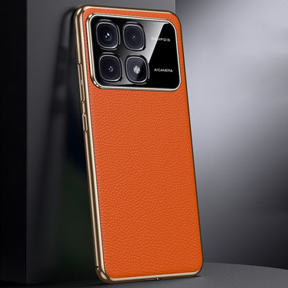 For Redmi K70 Ultra First Layer Cowhide Leather Electroplated PC Phone Case(Orange) - Xiaomi Cases by PMC Jewellery | Online Shopping South Africa | PMC Jewellery | Buy Now Pay Later Mobicred