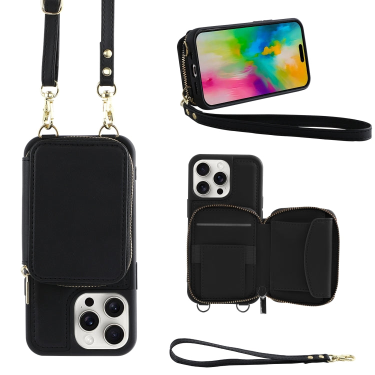 For iPhone 16 Pro Crossbody Zipper Wallet Bag Leather Phone Case with Lanyard(Black) - iPhone 16 Pro Cases by PMC Jewellery | Online Shopping South Africa | PMC Jewellery | Buy Now Pay Later Mobicred