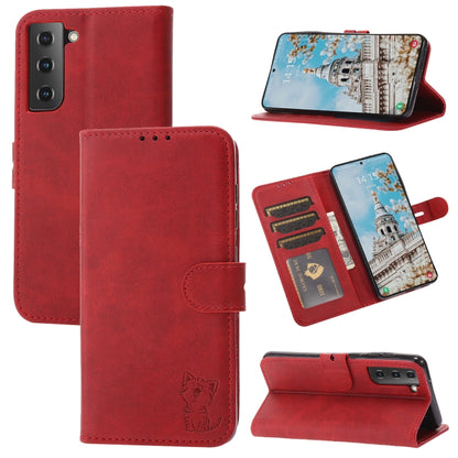 For Samsung Galaxy S25 5G Embossed Happy Cat Pattern Flip Leather Phone Case(Red) - Galaxy S25 5G Cases by PMC Jewellery | Online Shopping South Africa | PMC Jewellery | Buy Now Pay Later Mobicred