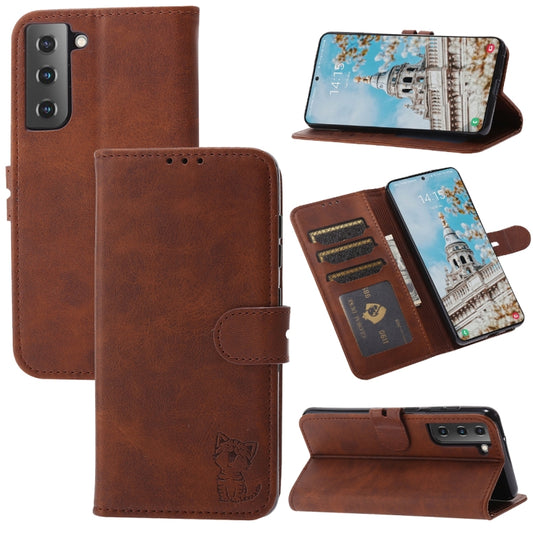 For Samsung Galaxy S25 5G Embossed Happy Cat Pattern Flip Leather Phone Case(Brown) - Galaxy S25 5G Cases by PMC Jewellery | Online Shopping South Africa | PMC Jewellery | Buy Now Pay Later Mobicred