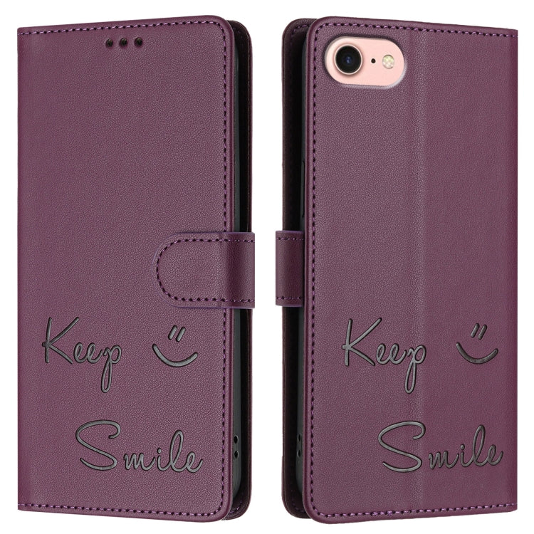 For iPhone 16e Smile Embossing RFID Leather Phone Case(Violet) - iPhone 16e Cases by PMC TechLife | Online Shopping South Africa | PMC TechLife | Buy Now Pay Later Mobicred